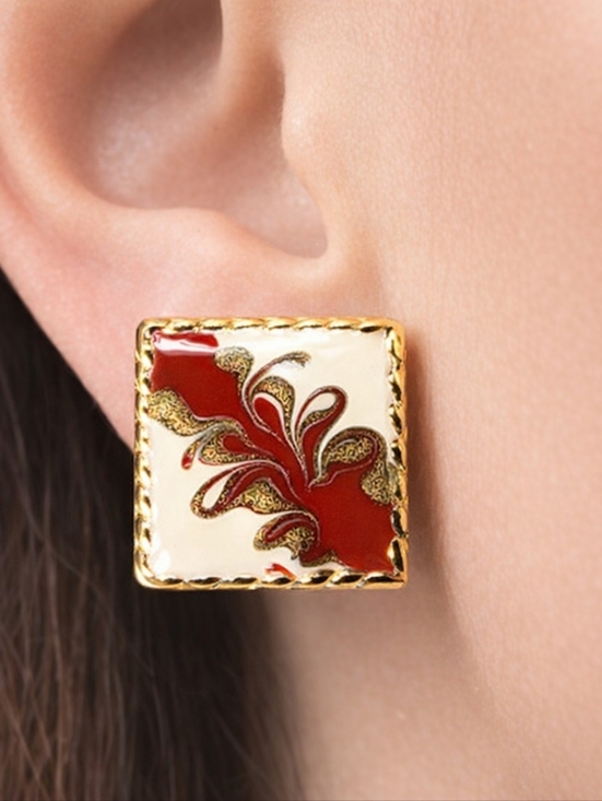 Jewelry - Women's Stunning Gold tone Multi-color Square Stud Earrings - Eye-Catching, RED